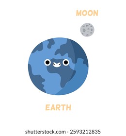 Cute planet earth character with smiling facial expression. Vector in flat style, isolated kawai personage with natural satellite moon. Exploring cosmos and universe, learning solar system