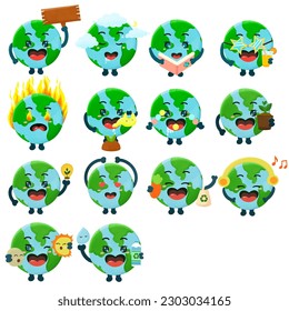 Cute planet earth characters. Planet cartoon emoji collection. Earth Day card vector illustration. World Environment Day