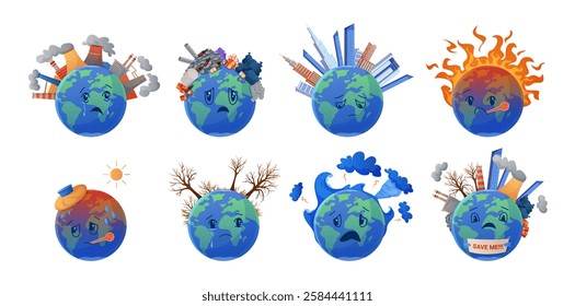 Cute planet Earth characters in need of rescue and help set. Sad globes emoji with world map cry with tears, suffering from global warming and storms, dirty environment cartoon vector illustration