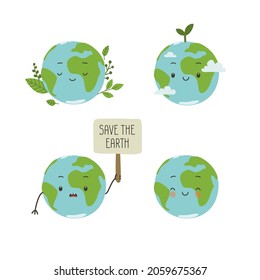 Cute planet earth child face cartoon bundle of ecology stickers. Set of world globe kawaii mascot.
