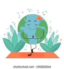Cute planet Earth is doing yoga. Environmental protection concept for peace and happiness of the planet. Vector isolated illustration for banner or postcard with character.