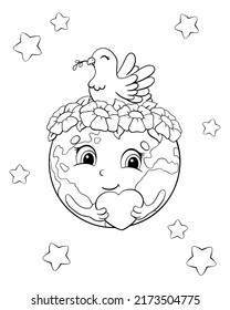 Cute planet earth holds a heart in her hands. On the head is a wreath of flowers and a dove, a symbol of peace. Coloring book page for kids. Vector illustration isolated on white background.