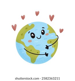  Cute planet earth hugging itself, ecology, vector illustration.