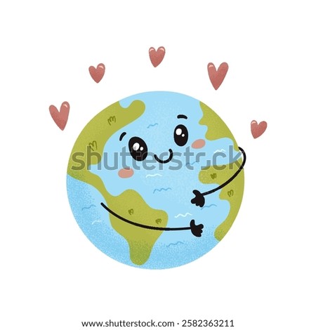  Cute planet earth hugging itself, ecology, vector illustration.