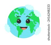 Cute planet earth. Kawaii Earth character. Cartoon flat vector illustration.