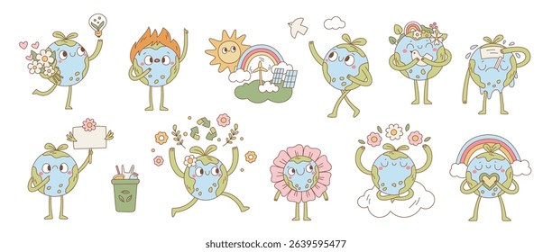 Cute planet earth mascot. Cartoon funny character, environmental issues, happy globe personage, nature and ecology, friendly nature, smile face with flowers and rainbow, garish vector set
