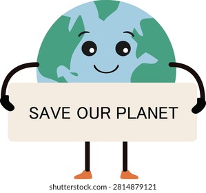 Cute Planet Earth Mascot Holding Save Our Planet Sign Illustration