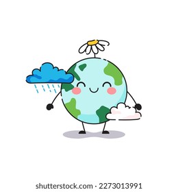 Cute planet Earth mascot surrounded by rain clouds. Vector cartoon illustration.
