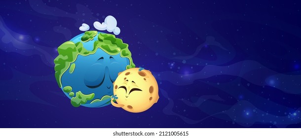 Cute planet Earth and Moon characters embrace in outer space. Vector cartoon illustration of hugs of funny green planet with clouds and satellite on background of cosmos and galaxy