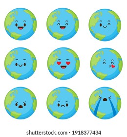 Cute planet earth set. Cartoon planet emoji collection. Earth Day vector illustration