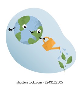 Cute planet Earth smiley face, watering a plant with watering can. Isolated textured vector illustration in flat style