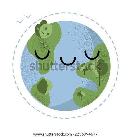 Cute planet Earth smiley face, concept of taking care and protecting the environment. Isolated textured vector illustration in flat style