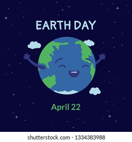 Cute planet Earth is smiling in space with clouds. Postcard, banner on Earth Day on April 22. Vector illustration in flat style.