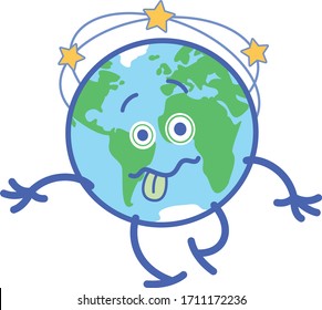 Cute planet planet Earth in trouble while walking unsteadily and looking sick. It is sticking its tongue out and feeling dizzy while stars spin around it