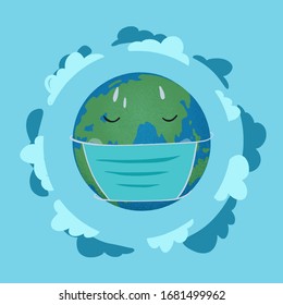 Cute planet earth wearing protective face masks on blue background. Environmental pollution concept. World corona virus concept, epidemic danger, save the planet