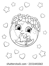 Cute planet Earth in a wreath of flowers holds a dove in her hands. Coloring book page for kids. Cartoon style character. Vector illustration isolated on white background.