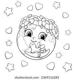 Cute planet Earth in a wreath of flowers holds a dove in her hands. Coloring book page for kids. Cartoon style character. Vector illustration isolated on white background.