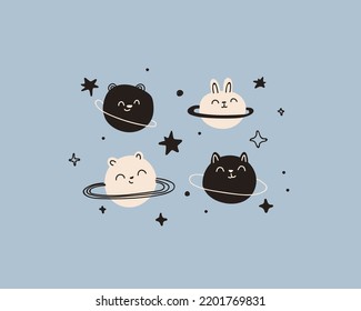 Cute planet with face animals. Space. Print for kids room decoration, fabric, paper, card, t shirt, poster, textile.