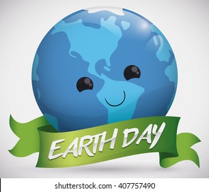 Cute planet face smiling behind a green ribbon in Earth Day holiday.