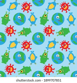 Cute planet and funny multicolored aliens on a blue seamless background. Vector illustration. UFO.
