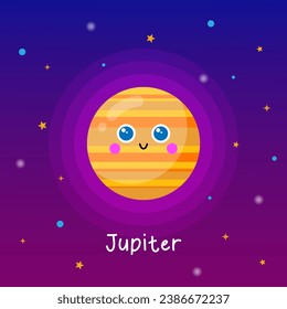 Cute planet Jupiter im flachen Cartoon-Stil. Vektorgrafik. Weltraumunterricht für Kinder. Astronomie-Poster für Bildung.