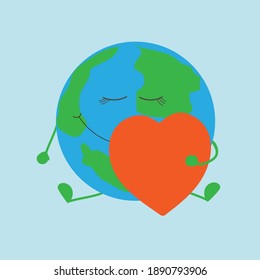 Cute planet in love hugs a red heart. Valentine's Day. Flat vector illustration.