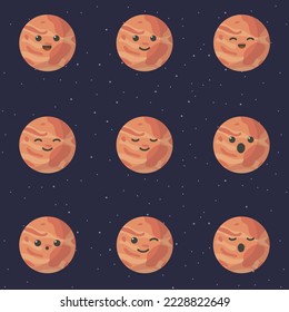 Cute planet mars cartoon character. Set of cute cartoon planets with different emotions. Vector illustration