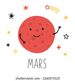Cute planet Mars. Planet with hands and eyes. Vector illustration for children