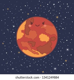 Cute Planet Mars Solar System with funny smiling face cartoon vector illustration