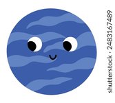 Cute planet Neptune in cartoon style. Happy smiling Solar System inner planet character. Space clipart for kids. Vector illustration