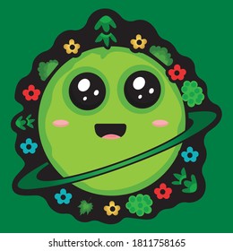 Cute Planet with plants and flower 