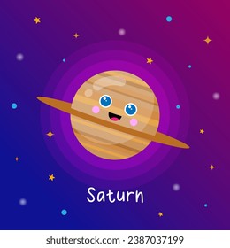 Cute planet saturn in flat cartoon style. Vector illustration. Space learning for children. Astronomy poster for education.