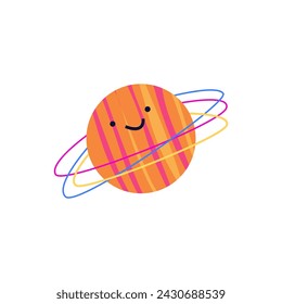 Cute planet Saturn or Jupiter with smiling face. Cartoon Galaxy space object isolated on white. Astronomy emoji character design for kids. Vector flat illustration.