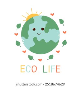 Cute planet with smiling face with eco life inscription, Earth Day concept. Save the earth, globe, heart, leaves. Eco-friendly illustration design