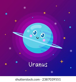 Cute planet uranus in flat cartoon style. Vector illustration. Space learning for children. Astronomy poster for education.