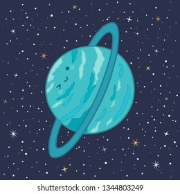 Cute Planet Uranus Solar System with funny smiling face cartoon vector illustration