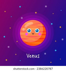 Cute planet venus al estilo de las caricaturas planas. Ilustración vectorial. Aprendizaje espacial para niños. Afiche de astronomía para la educación.