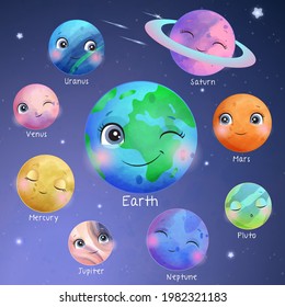 Cute planet with watercolor illustration set