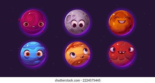 Personajes de dibujos animados de planetas, fantasía ui juego espacial objetos cósmicos. Diferentes personajes coloridos de galaxia o universo con caras sonrientes divertidas, cráteres y superficie texturada, ilustración vectorial