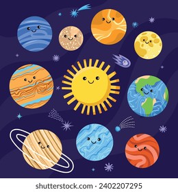 Cute planets characters. Cartoon funny astronomical objects of solar system, kawaii smiling faces, cosmic dark background, vector set.eps
