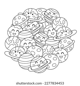 Cute planets circle shape pattern. Solar system planets coloring page. Space black and white mandala for coloring book.  Vector illustration