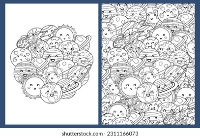 Cute planets coloring pages set in US Letter format. Black and white doodle space background with planets characters. Solar system templates for coloring book. Vector illustration