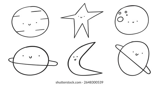 Cute planets. Doodle design. Sketch. Vector outline illustrations. Saturn, moon, star, mars.