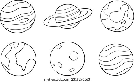 Cute planets education symbols drawing in doodle line art style. Vector illustration. Set of planets. Vector illustration in doodle style. Hand drawing. svg