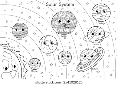 Cute planets educational poster in black and white for kids. Solar System coloring page with sun and planets orbiting it. Vector illustration