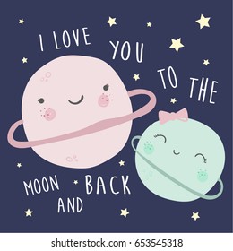 cute planets illustration, slogan, typography, vectors
