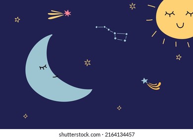 Cute planets. Night starry sky. Cartoon sleepy crescent and sun. Star constellations and comets. Space sleeping characters with funny faces. Sweet dream. Vector cosmos doodle background