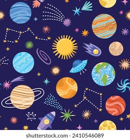 Cute planets pattern. Cartoon space elements, repeated cosmic objects, constellations, rockets, comets, stars, vector seamless background.eps
