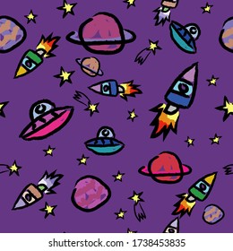 Cute Planets And Rocket Kids Pattern Seamless