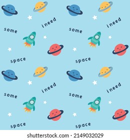 cute planets and rocket ship seamless  pattern vector illustration